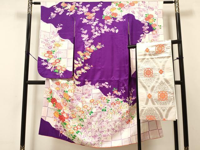 平和屋着物[]七五三　女の子　７歳　祝着　四つ身　袋帯セット　草花文　逸品　DAAS9465ma