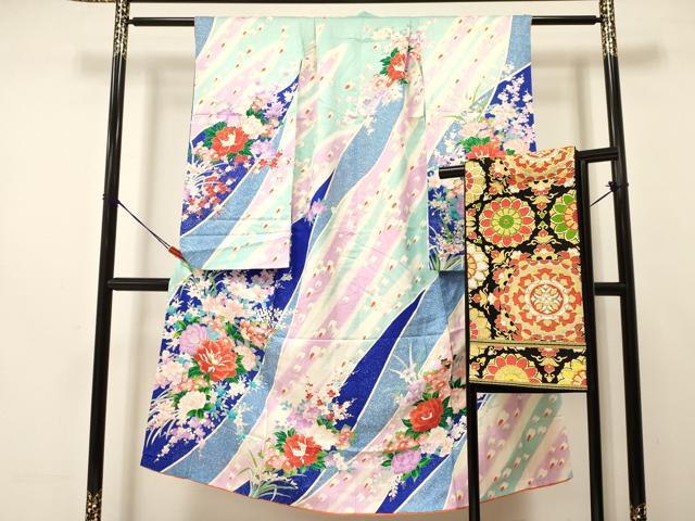 平和屋着物[]七五三　女の子　７歳　祝着　四つ身　袋帯セット　駒刺繍　牡丹花文　暈し染め　金彩　逸品　DAAS9475ma