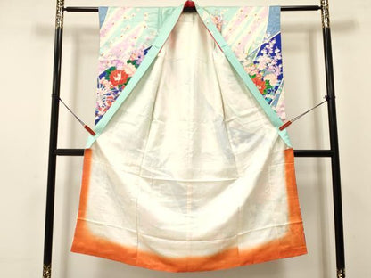 平和屋着物[]七五三　女の子　７歳　祝着　四つ身　袋帯セット　駒刺繍　牡丹花文　暈し染め　金彩　逸品　DAAS9475ma