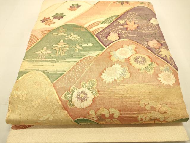 平和屋着物◎太鼓柄袋帯 すくい織 遠山草花文 金糸 正絹 逸品 DAAS9604zy