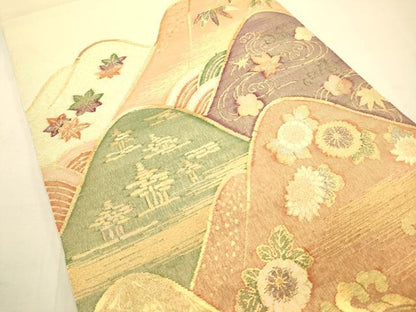 平和屋着物◎太鼓柄袋帯 すくい織 遠山草花文 金糸 正絹 逸品 DAAS9604zy