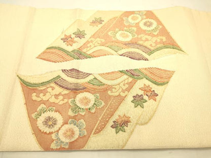 平和屋着物◎太鼓柄袋帯 すくい織 遠山草花文 金糸 正絹 逸品 DAAS9604zy