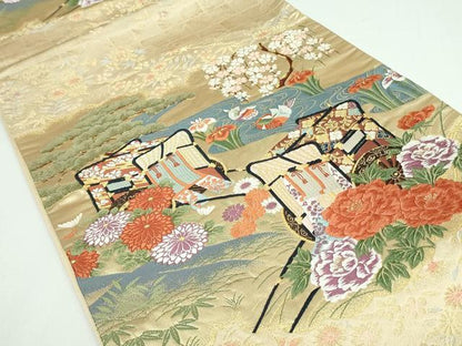 平和屋着物◎六通柄袋帯 唐織 御所車鴛鴦花松文 松竹梅 金糸 正絹 逸品 DAAT0102ob
