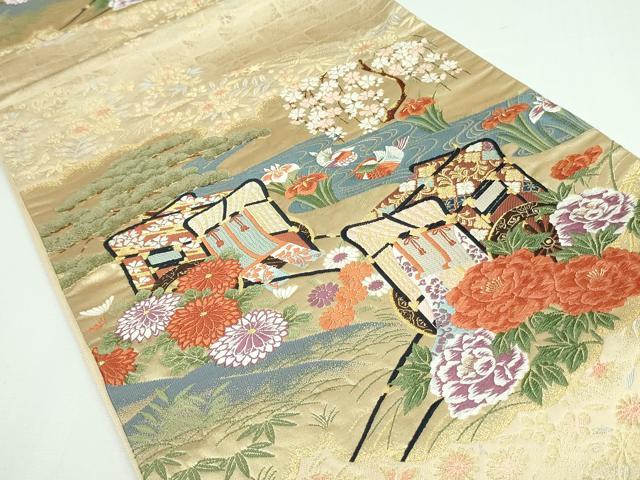 平和屋着物◎六通柄袋帯 唐織 御所車鴛鴦花松文 松竹梅 金糸 正絹 逸品 DAAT0102ob