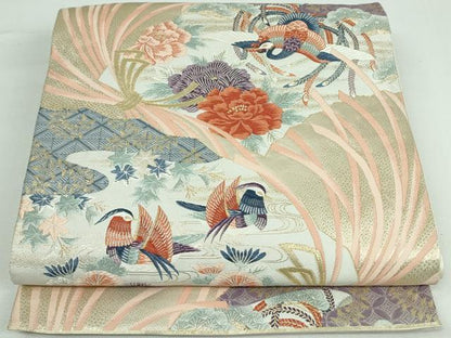 平和屋着物◎六通柄袋帯 唐織 扇面瑞鳥文 金糸 正絹 逸品 DAAT0127ob