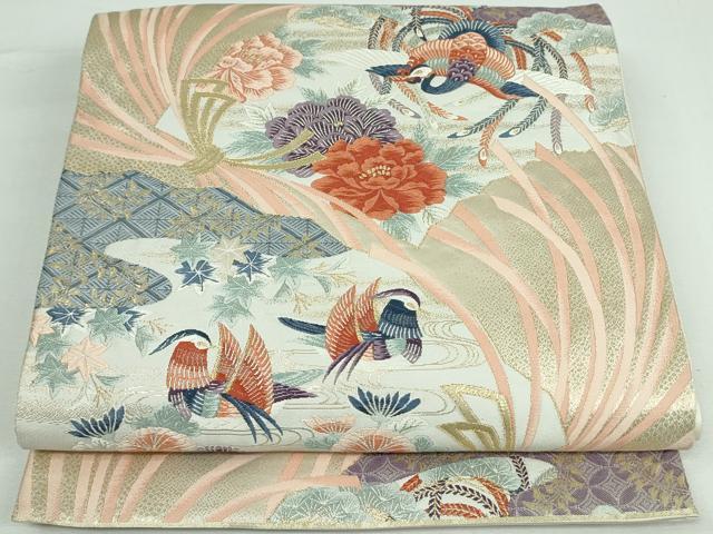 平和屋着物◎六通柄袋帯 唐織 扇面瑞鳥文 金糸 正絹 逸品 DAAT0127ob
