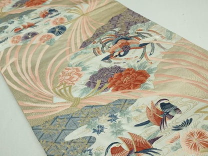 平和屋着物◎六通柄袋帯 唐織 扇面瑞鳥文 金糸 正絹 逸品 DAAT0127ob