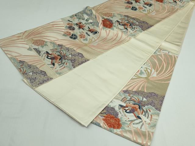 平和屋着物◎六通柄袋帯 唐織 扇面瑞鳥文 金糸 正絹 逸品 DAAT0127ob