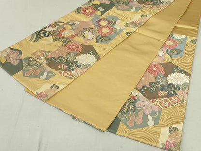 平和屋着物●六通柄袋帯 唐織 亀甲花文 正絹 逸品 DAAT0144ob