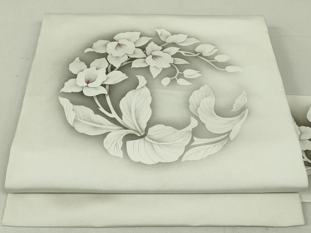 平和屋着物●塩瀬 九寸名古屋帯 手描き 草花文 金彩 正絹 逸品 DAAT0149ob