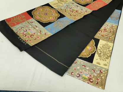 平和屋着物●六通柄 本袋帯 天平調詠文 黒地 金銀糸 正絹 逸品 未使用 DAAT0158ob