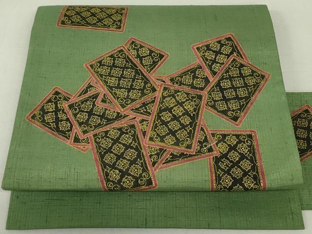平和屋着物●九寸名古屋帯 紬地 色紙重ね花文 金彩 正絹 逸品 DAAT0192ob