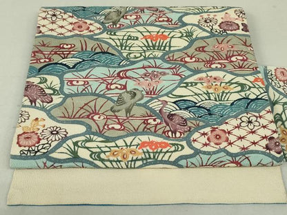 平和屋着物●九寸名古屋帯　紅型　流水花鳥文　鬼しぼ縮緬　正絹　逸品　DAAT0226ob