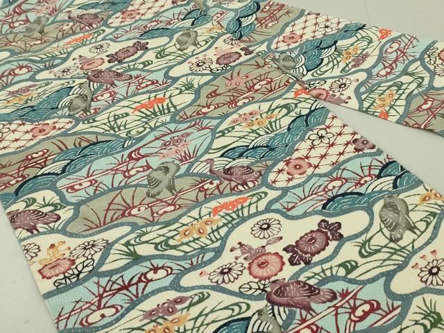 平和屋着物●九寸名古屋帯　紅型　流水花鳥文　鬼しぼ縮緬　正絹　逸品　DAAT0226ob