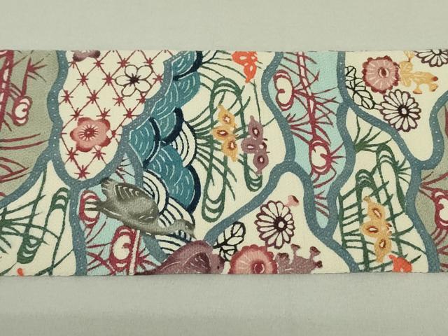平和屋着物●九寸名古屋帯　紅型　流水花鳥文　鬼しぼ縮緬　正絹　逸品　DAAT0226ob