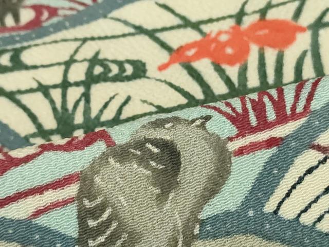 平和屋着物●九寸名古屋帯　紅型　流水花鳥文　鬼しぼ縮緬　正絹　逸品　DAAT0226ob
