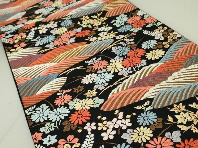 平和屋着物●六通柄袋帯 唐織 立波花文 黒地 金糸 正絹 逸品 DAAT0284ob