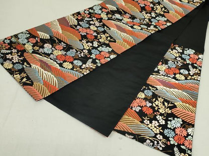 平和屋着物●六通柄袋帯 唐織 立波花文 黒地 金糸 正絹 逸品 DAAT0284ob