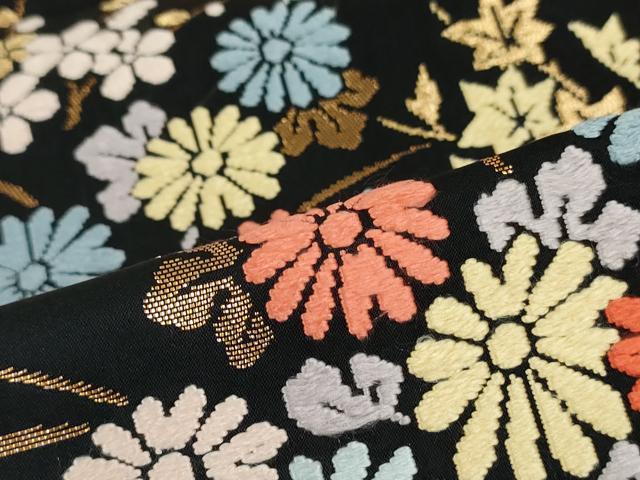 平和屋着物●六通柄袋帯 唐織 立波花文 黒地 金糸 正絹 逸品 DAAT0284ob