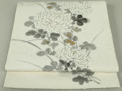 平和屋着物●六通柄袋帯　作家物　髭紬　手描き　枝菊　金彩　正絹　逸品　DAAT0336ob
