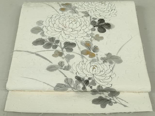 平和屋着物●六通柄袋帯　作家物　髭紬　手描き　枝菊　金彩　正絹　逸品　DAAT0336ob