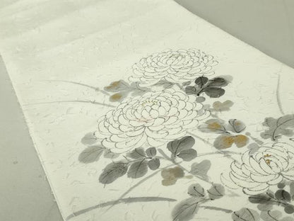 平和屋着物●六通柄袋帯　作家物　髭紬　手描き　枝菊　金彩　正絹　逸品　DAAT0336ob