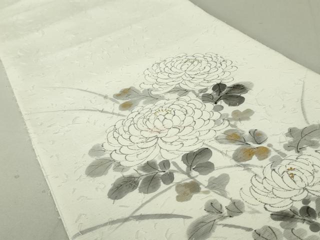 平和屋着物●六通柄袋帯　作家物　髭紬　手描き　枝菊　金彩　正絹　逸品　DAAT0336ob