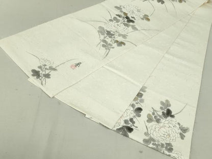 平和屋着物●六通柄袋帯　作家物　髭紬　手描き　枝菊　金彩　正絹　逸品　DAAT0336ob