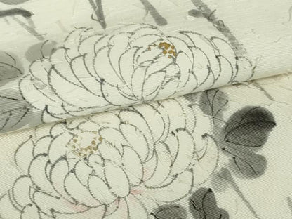 平和屋着物●六通柄袋帯　作家物　髭紬　手描き　枝菊　金彩　正絹　逸品　DAAT0336ob