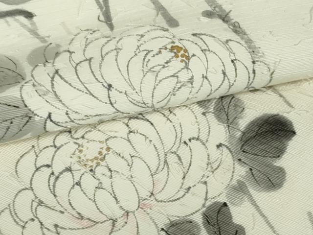 平和屋着物●六通柄袋帯　作家物　髭紬　手描き　枝菊　金彩　正絹　逸品　DAAT0336ob