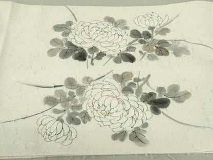 平和屋着物●六通柄袋帯　作家物　髭紬　手描き　枝菊　金彩　正絹　逸品　DAAT0336ob
