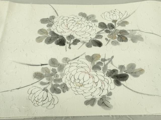平和屋着物●六通柄袋帯　作家物　髭紬　手描き　枝菊　金彩　正絹　逸品　DAAT0336ob