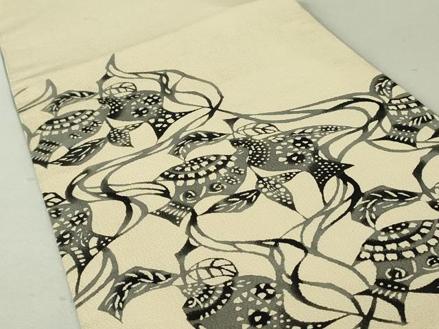 平和屋着物●九寸開き名古屋帯 型染め 花鳥文 鬼しぼ縮緬 正絹 逸品 DAAT0341ob