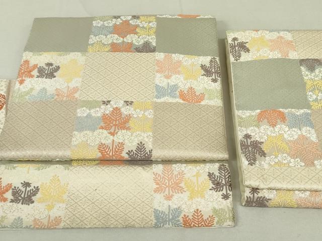 平和屋着物●つけ帯 唐織 市松草花文 正絹 逸品 DAAT0361ob