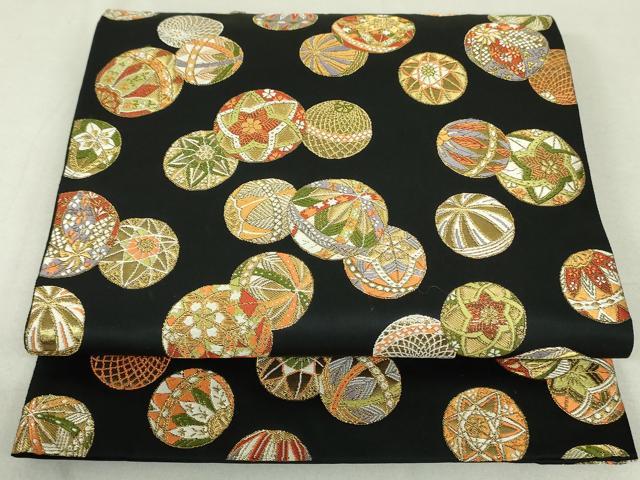 平和屋着物●六通柄袋帯　唐織　花鞠文　黒地　金糸　正絹　逸品　DAAT0373ob