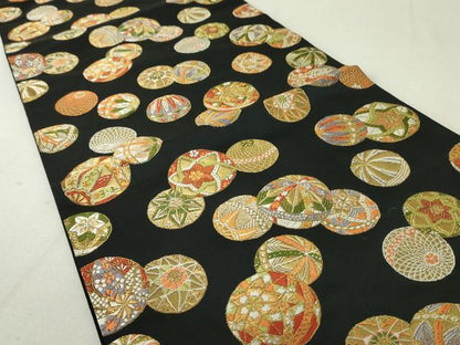 平和屋着物●六通柄袋帯　唐織　花鞠文　黒地　金糸　正絹　逸品　DAAT0373ob