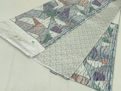 平和屋着物●六通柄袋帯　藍　杢目絞り　夢幻　銀通し地　正絹　逸品　未使用　DAAT0387ob