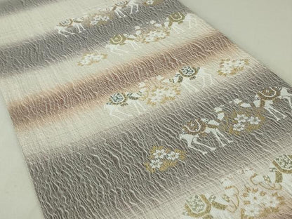 平和屋着物▽六通柄袋帯 バンブー織 スリーシーズン 春夏秋 駱駝 草花文 正絹 逸品 DAAT0395ob