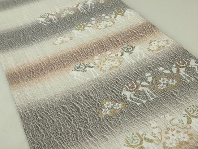 平和屋着物▽六通柄袋帯 バンブー織 スリーシーズン 春夏秋 駱駝 草花文 正絹 逸品 DAAT0395ob
