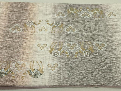 平和屋着物▽六通柄袋帯 バンブー織 スリーシーズン 春夏秋 駱駝 草花文 正絹 逸品 DAAT0395ob