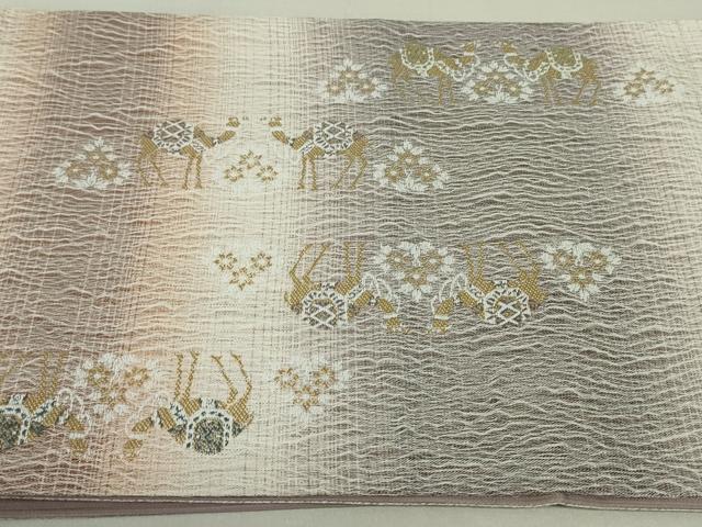 平和屋着物▽六通柄袋帯 バンブー織 スリーシーズン 春夏秋 駱駝 草花文 正絹 逸品 DAAT0395ob