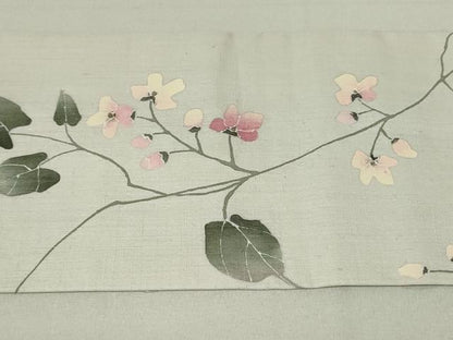 平和屋着物●手描染 安藤松岳 九寸名古屋帯 紬地 枝花文 正絹 逸品 DAAT0417ob