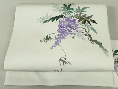 平和屋着物●塩瀬　九寸名古屋帯　作家物　手描き　藤　金彩　正絹　逸品　DAAT0429ob