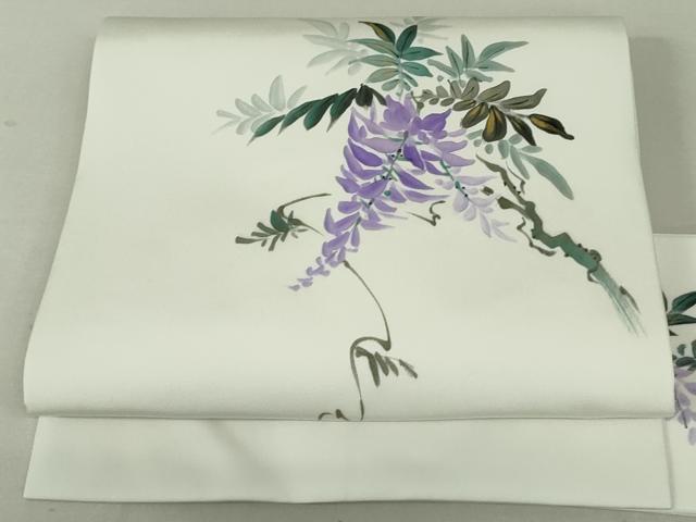 平和屋着物●塩瀬　九寸名古屋帯　作家物　手描き　藤　金彩　正絹　逸品　DAAT0429ob
