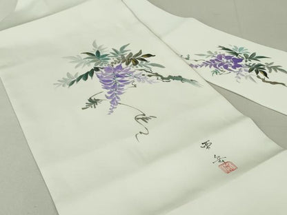 平和屋着物●塩瀬　九寸名古屋帯　作家物　手描き　藤　金彩　正絹　逸品　DAAT0429ob