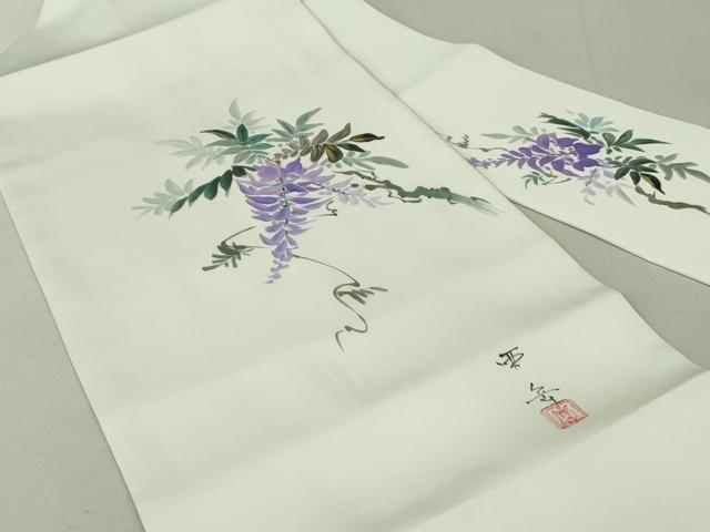 平和屋着物●塩瀬　九寸名古屋帯　作家物　手描き　藤　金彩　正絹　逸品　DAAT0429ob