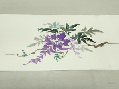 平和屋着物●塩瀬　九寸名古屋帯　作家物　手描き　藤　金彩　正絹　逸品　DAAT0429ob