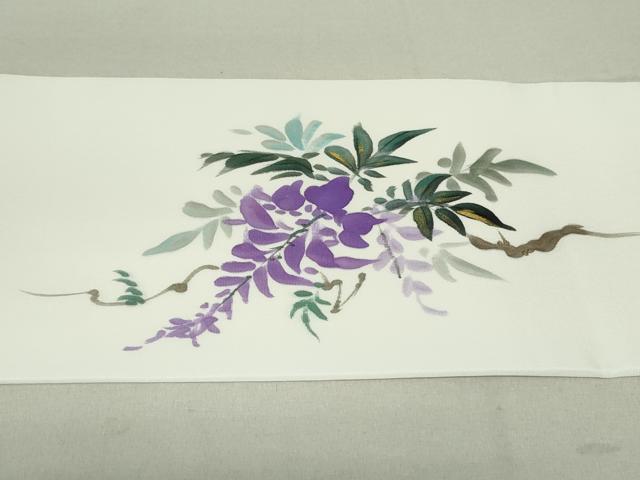 平和屋着物●塩瀬　九寸名古屋帯　作家物　手描き　藤　金彩　正絹　逸品　DAAT0429ob
