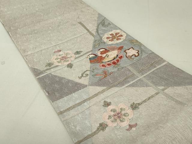平和屋着物●太鼓柄袋帯　総刺繍　櫛織　鴛鴦花文　金銀糸　正絹　逸品　DAAT0432ob