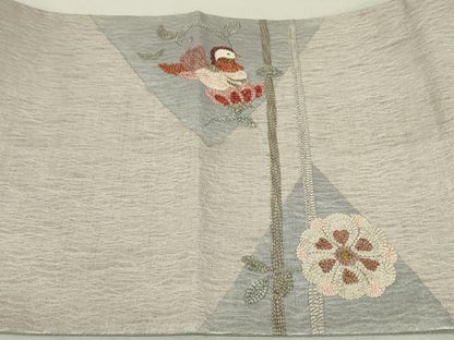 平和屋着物●太鼓柄袋帯　総刺繍　櫛織　鴛鴦花文　金銀糸　正絹　逸品　DAAT0432ob